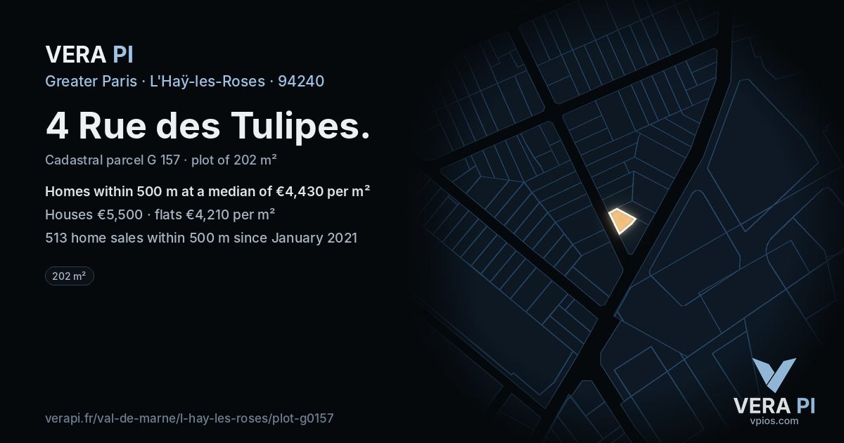 4 Rue des Tulipes, L'Haÿ-les-Roses at night – the plot lit, the parcels around coloured by the prices near them