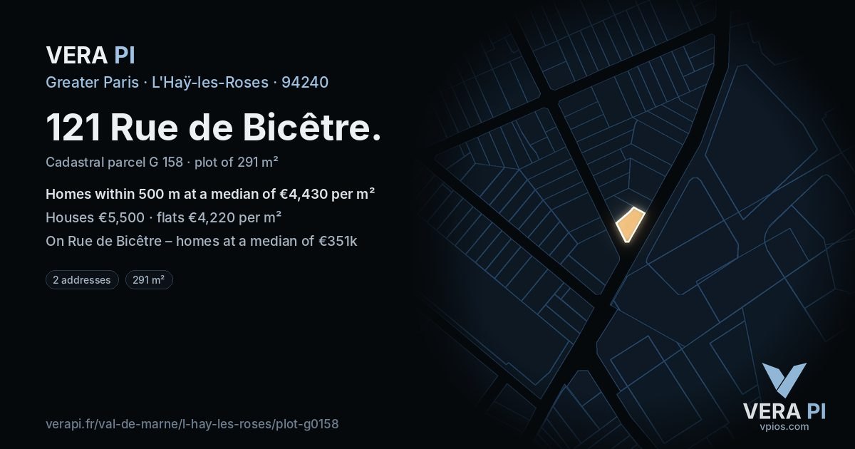121 Rue de Bicêtre, L'Haÿ-les-Roses at night – the plot lit, the parcels around coloured by the prices near them