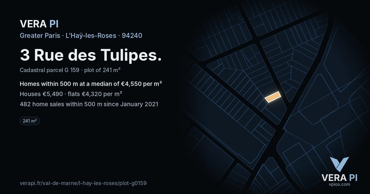 3 Rue des Tulipes, L'Haÿ-les-Roses at night – the plot lit, the parcels around coloured by the prices near them