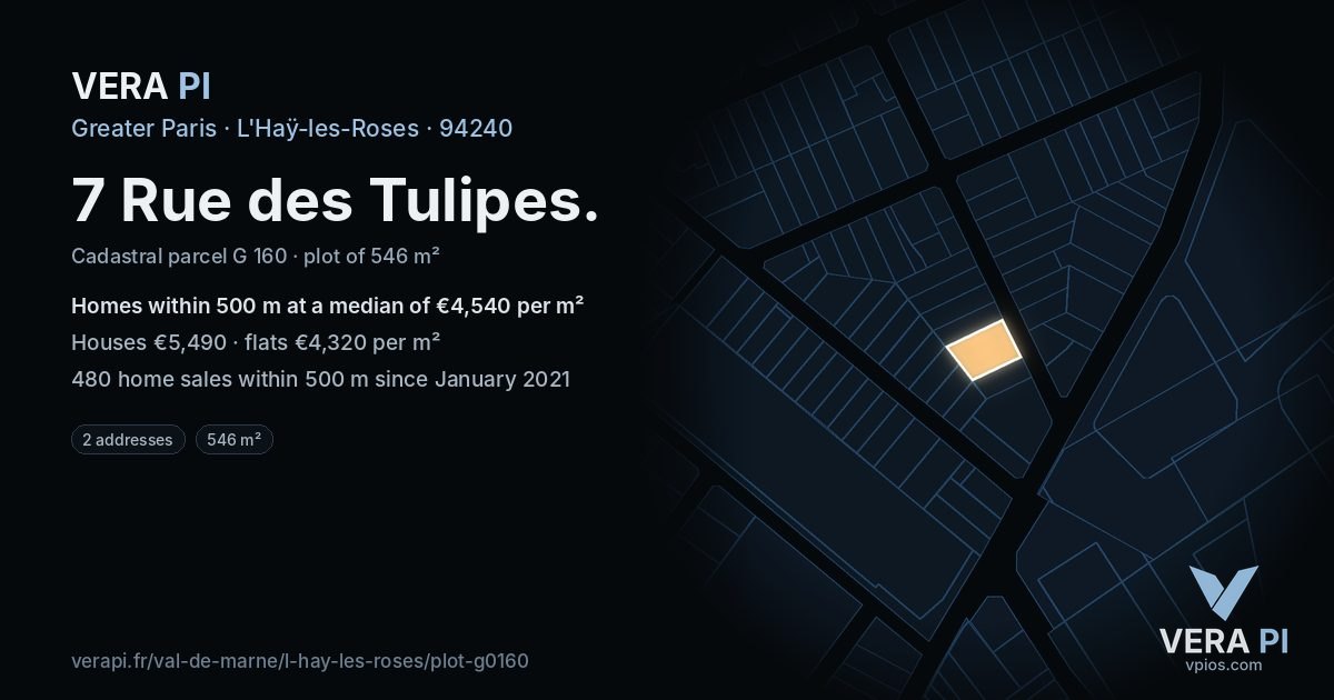 7 Rue des Tulipes, L'Haÿ-les-Roses at night – the plot lit, the parcels around coloured by the prices near them