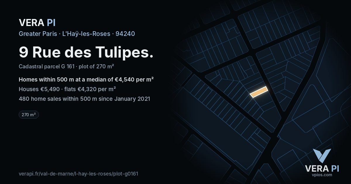 9 Rue des Tulipes, L'Haÿ-les-Roses at night – the plot lit, the parcels around coloured by the prices near them