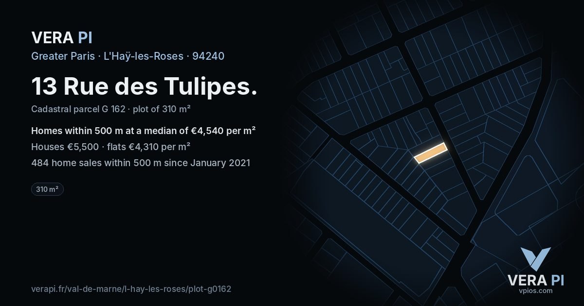 13 Rue des Tulipes, L'Haÿ-les-Roses at night – the plot lit, the parcels around coloured by the prices near them