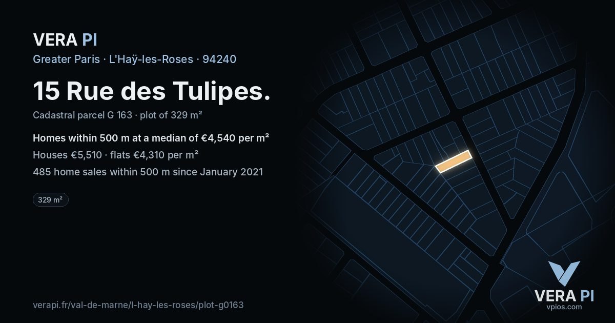 15 Rue des Tulipes, L'Haÿ-les-Roses at night – the plot lit, the parcels around coloured by the prices near them