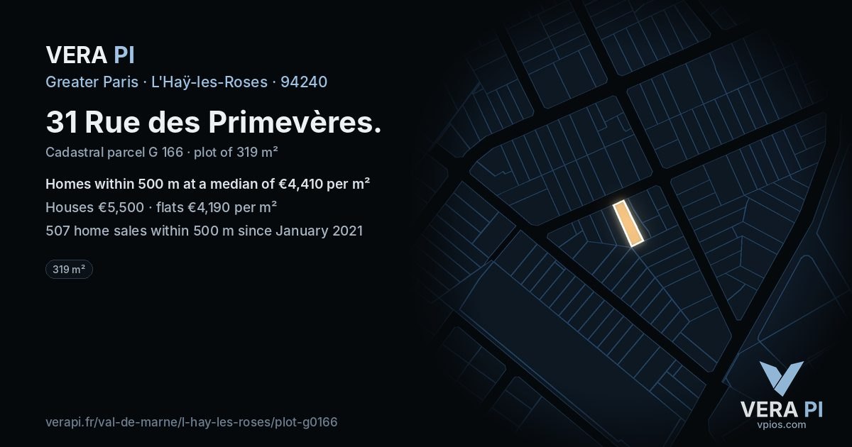 31 Rue des Primevères, L'Haÿ-les-Roses at night – the plot lit, the parcels around coloured by the prices near them