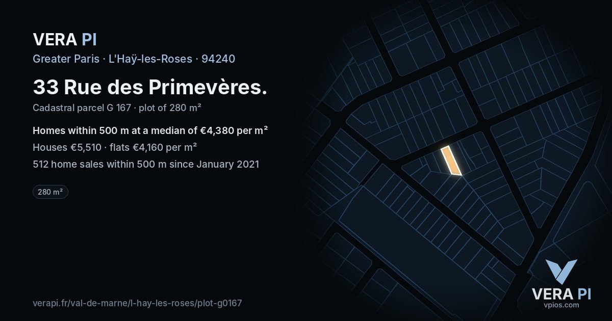 33 Rue des Primevères, L'Haÿ-les-Roses at night – the plot lit, the parcels around coloured by the prices near them