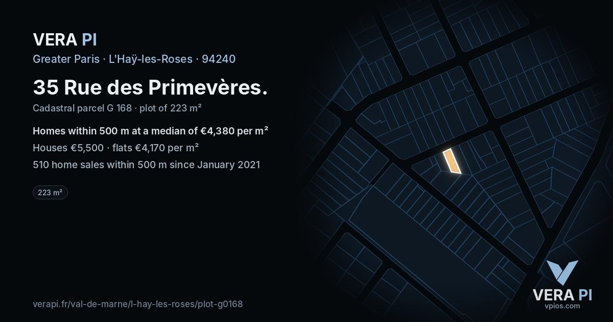 35 Rue des Primevères, L'Haÿ-les-Roses at night – the plot lit, the parcels around coloured by the prices near them