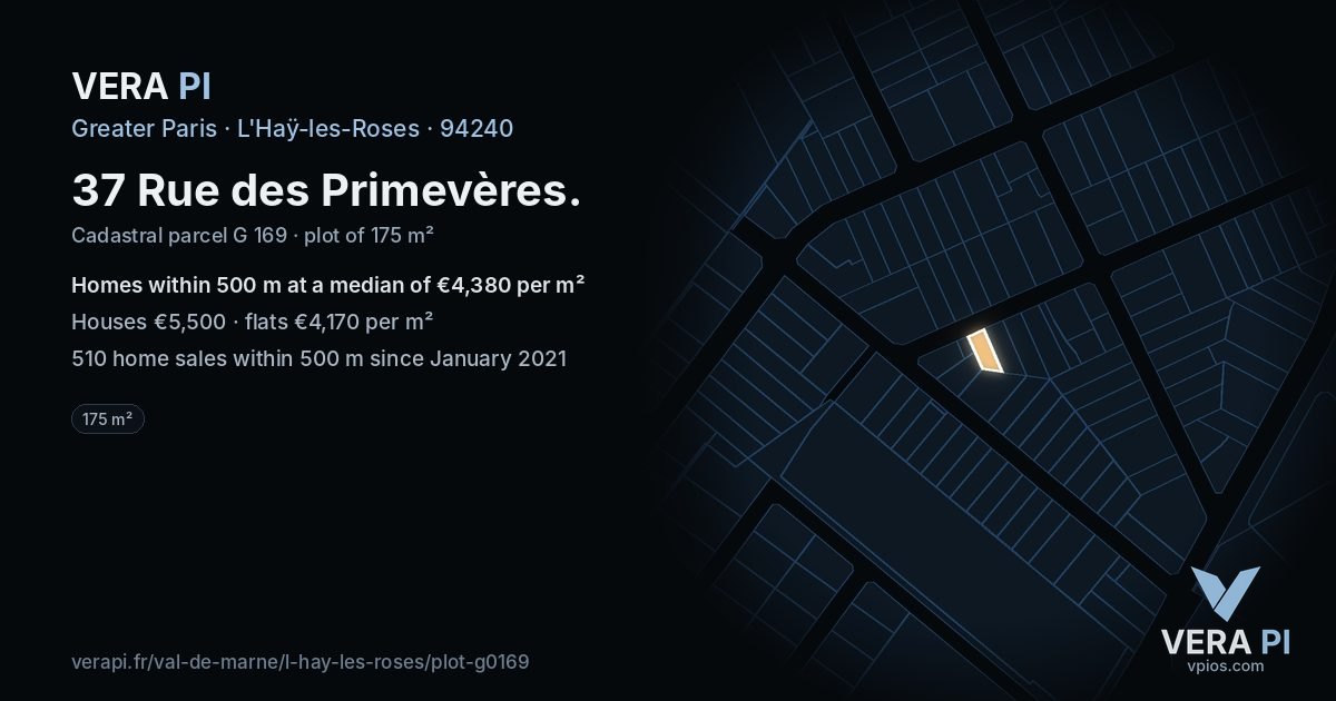 37 Rue des Primevères, L'Haÿ-les-Roses at night – the plot lit, the parcels around coloured by the prices near them