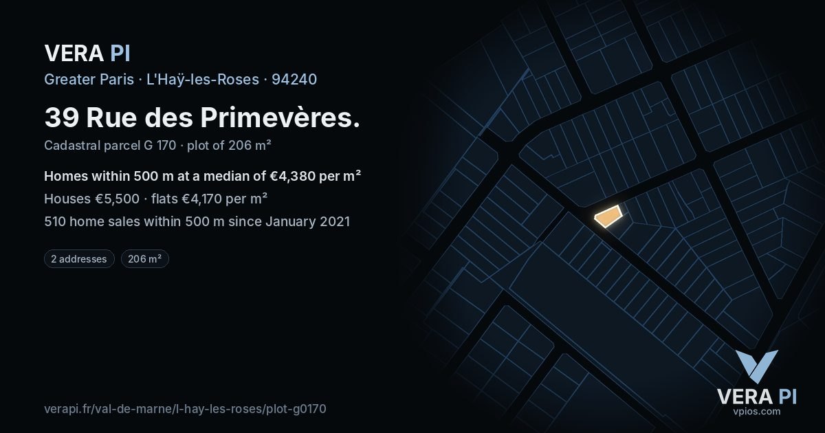 39 Rue des Primevères, L'Haÿ-les-Roses at night – the plot lit, the parcels around coloured by the prices near them