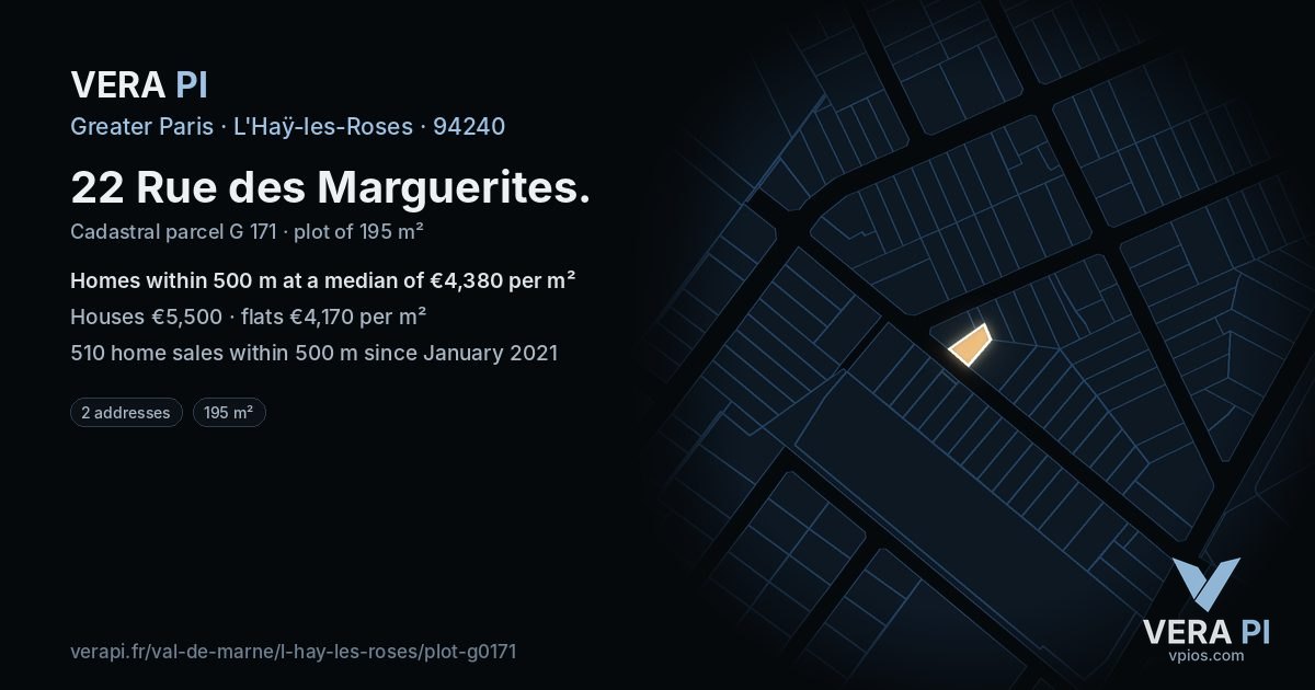 22 Rue des Marguerites, L'Haÿ-les-Roses at night – the plot lit, the parcels around coloured by the prices near them