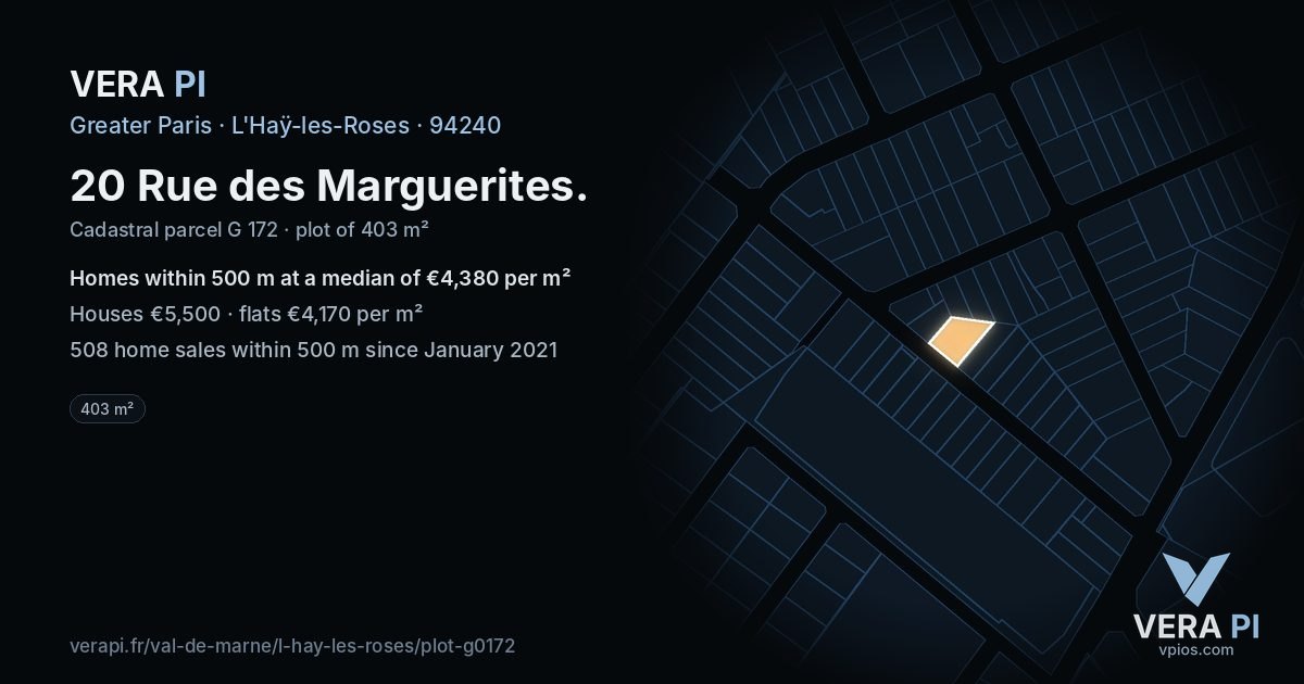 20 Rue des Marguerites, L'Haÿ-les-Roses at night – the plot lit, the parcels around coloured by the prices near them