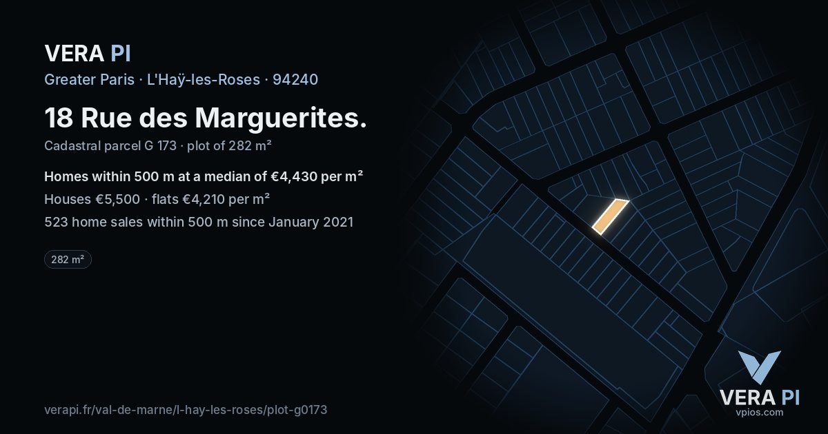 18 Rue des Marguerites, L'Haÿ-les-Roses at night – the plot lit, the parcels around coloured by the prices near them