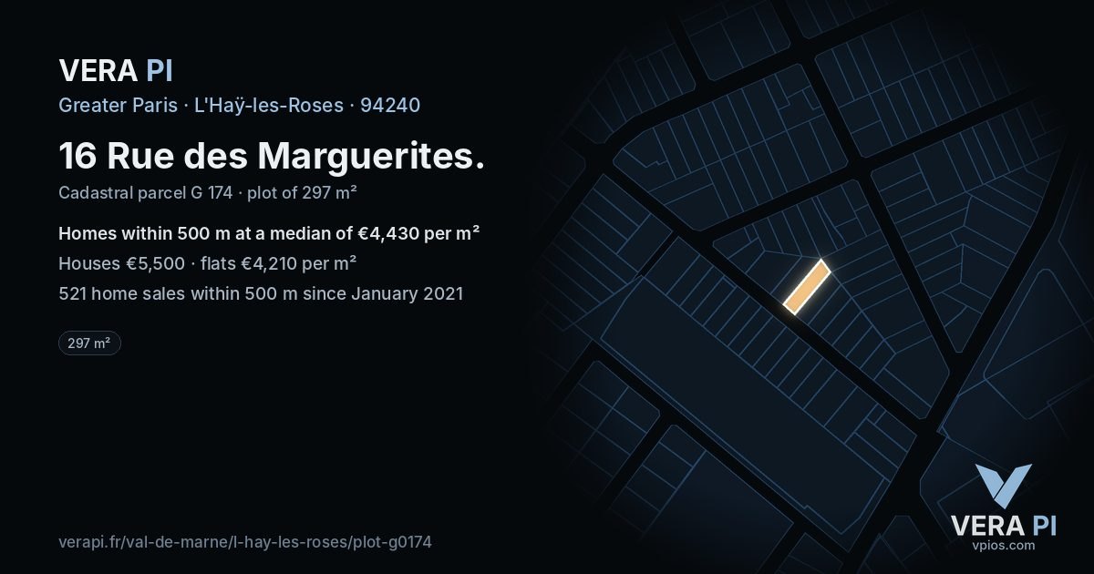 16 Rue des Marguerites, L'Haÿ-les-Roses at night – the plot lit, the parcels around coloured by the prices near them