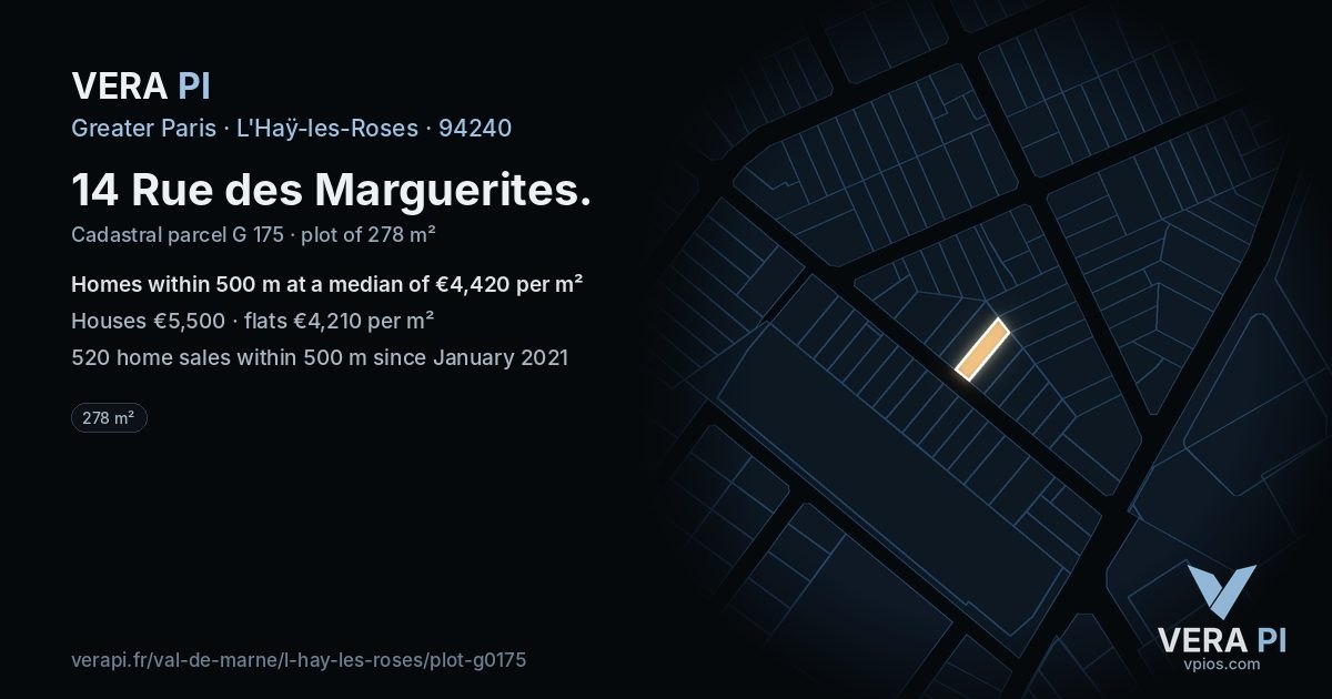 14 Rue des Marguerites, L'Haÿ-les-Roses at night – the plot lit, the parcels around coloured by the prices near them