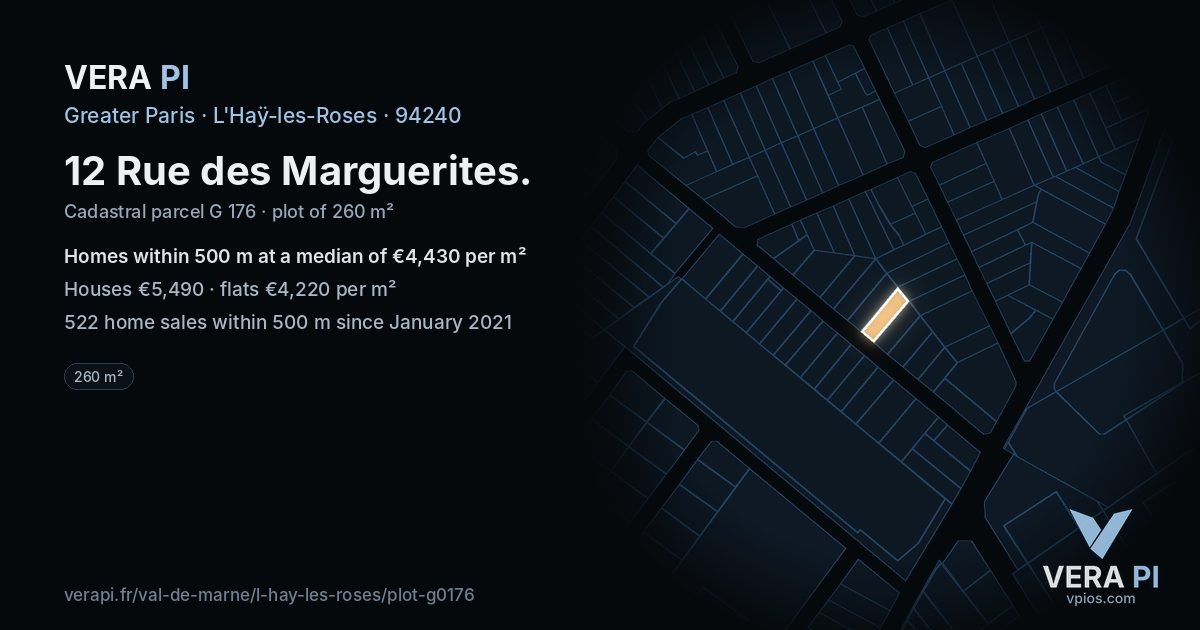 12 Rue des Marguerites, L'Haÿ-les-Roses at night – the plot lit, the parcels around coloured by the prices near them