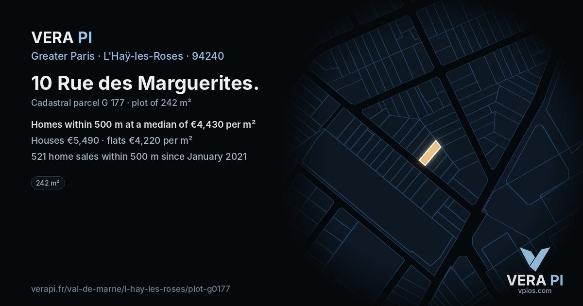 10 Rue des Marguerites, L'Haÿ-les-Roses at night – the plot lit, the parcels around coloured by the prices near them