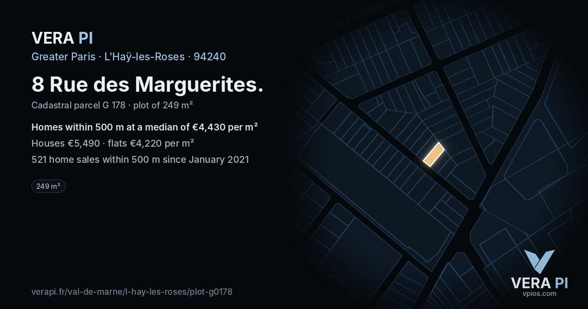 8 Rue des Marguerites, L'Haÿ-les-Roses at night – the plot lit, the parcels around coloured by the prices near them