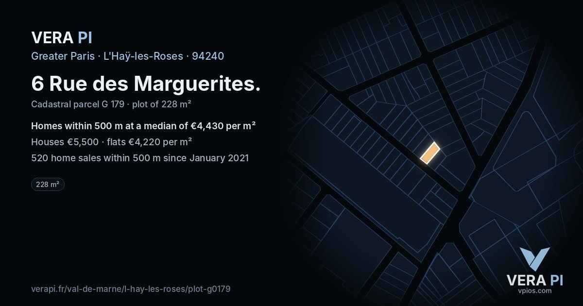 6 Rue des Marguerites, L'Haÿ-les-Roses at night – the plot lit, the parcels around coloured by the prices near them