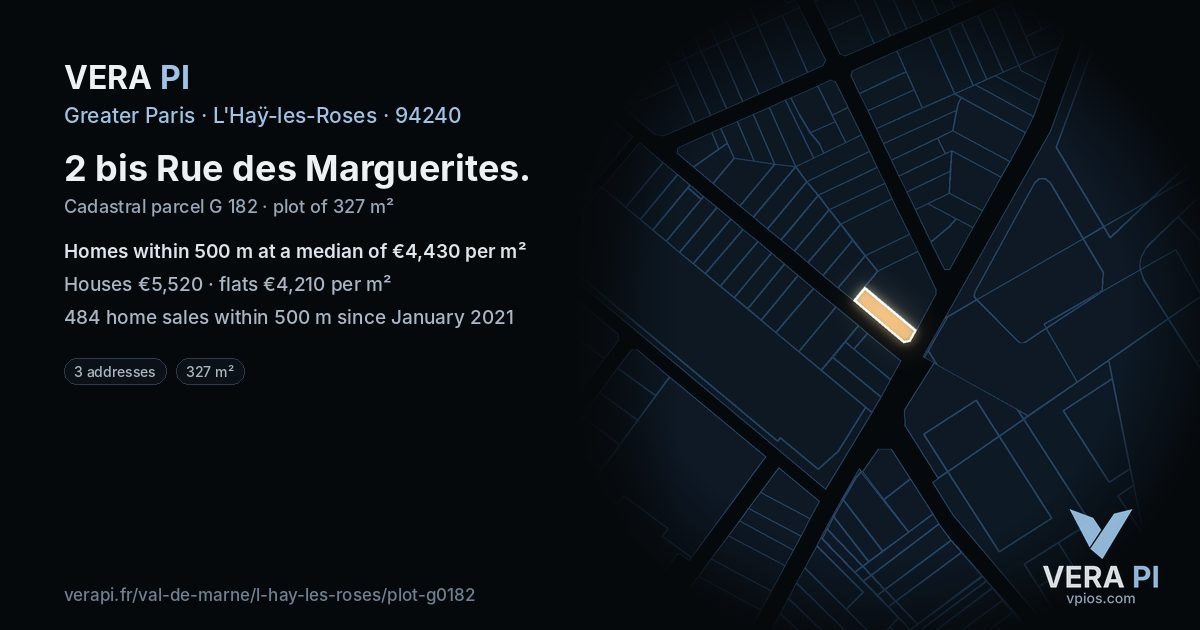 2 bis Rue des Marguerites, L'Haÿ-les-Roses at night – the plot lit, the parcels around coloured by the prices near them