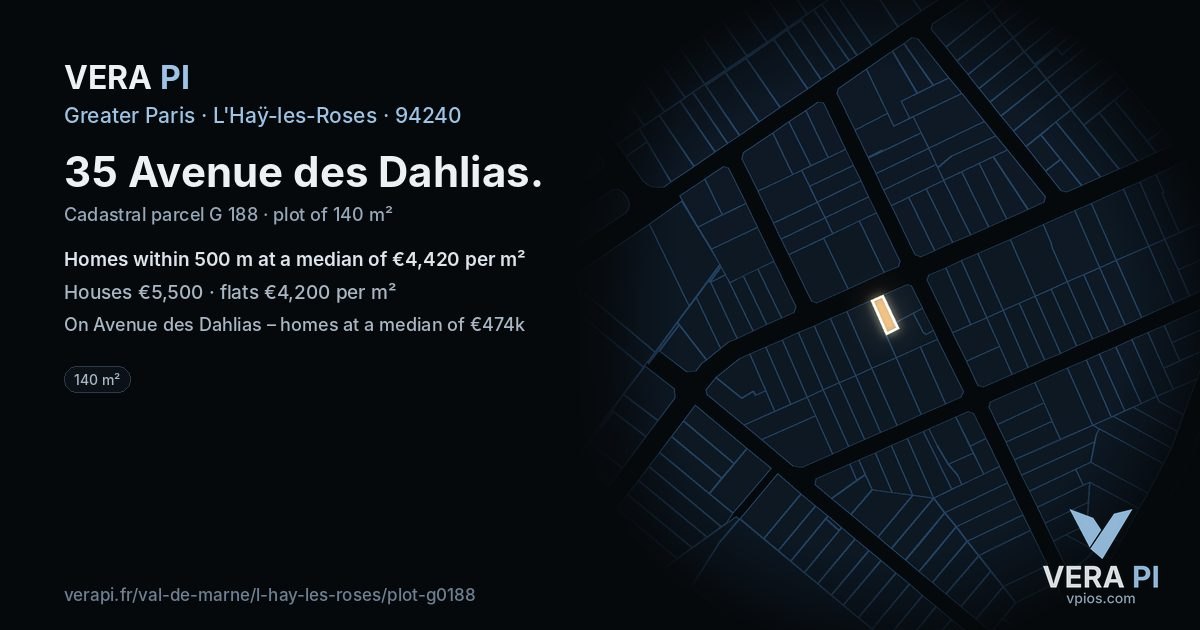 35 Avenue des Dahlias, L'Haÿ-les-Roses at night – the plot lit, the parcels around coloured by the prices near them