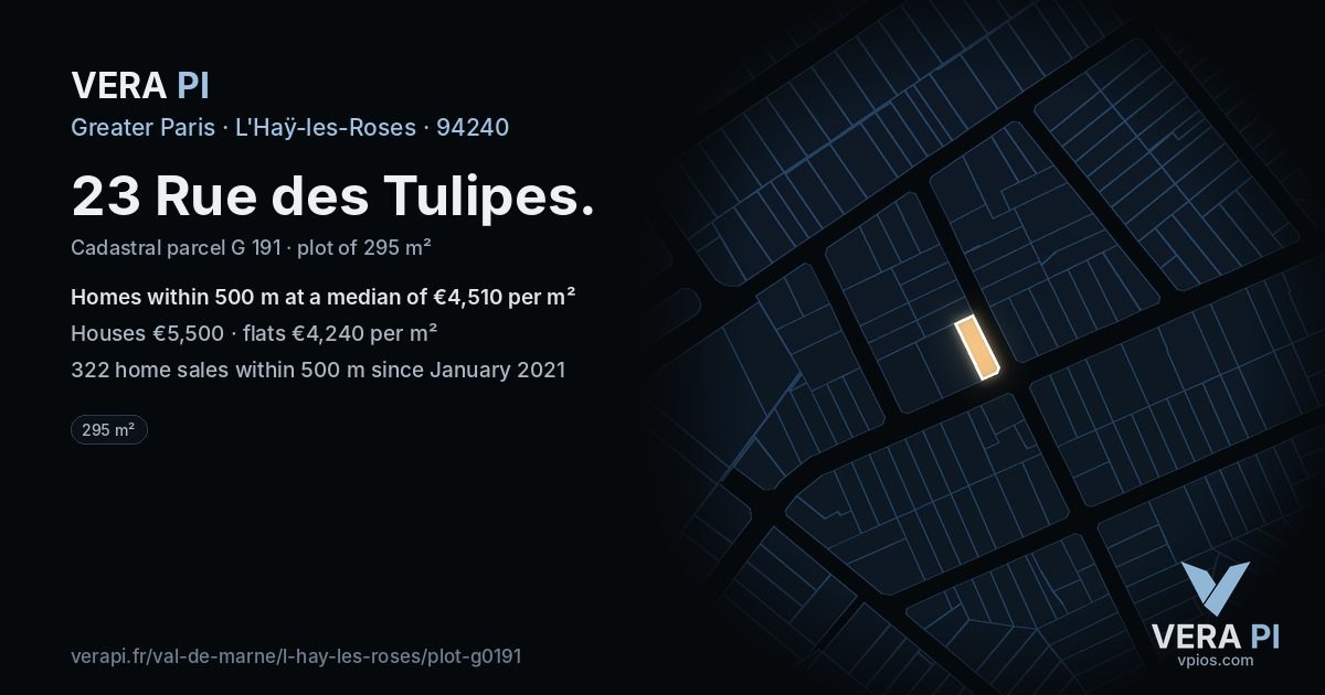 23 Rue des Tulipes, L'Haÿ-les-Roses at night – the plot lit, the parcels around coloured by the prices near them