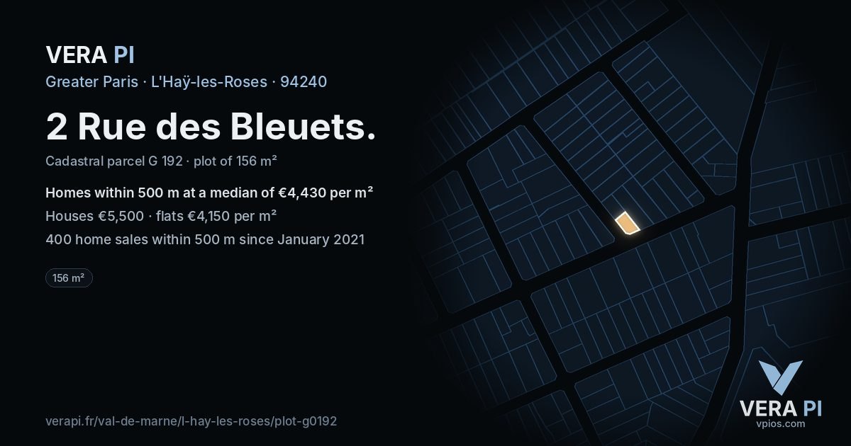 2 Rue des Bleuets, L'Haÿ-les-Roses at night – the plot lit, the parcels around coloured by the prices near them