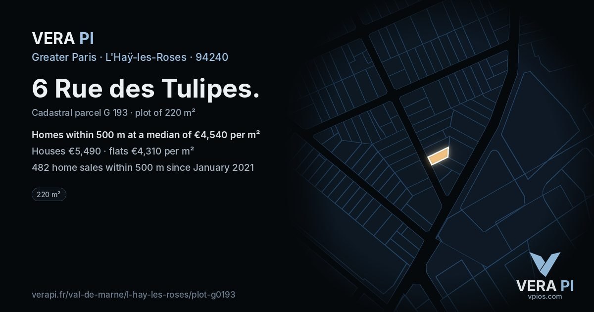 6 Rue des Tulipes, L'Haÿ-les-Roses at night – the plot lit, the parcels around coloured by the prices near them