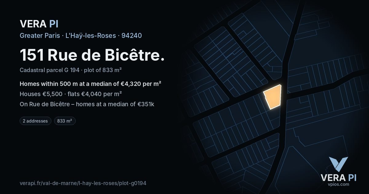151 Rue de Bicêtre, L'Haÿ-les-Roses at night – the plot lit, the parcels around coloured by the prices near them