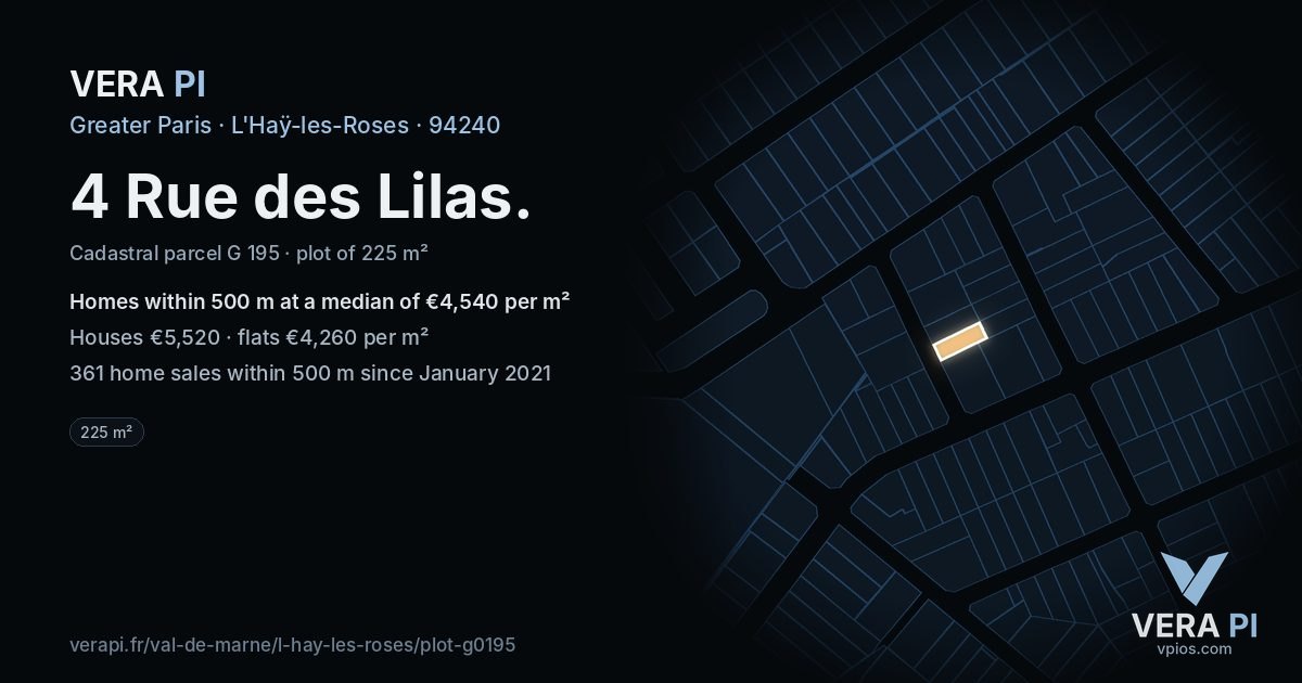4 Rue des Lilas, L'Haÿ-les-Roses at night – the plot lit, the parcels around coloured by the prices near them