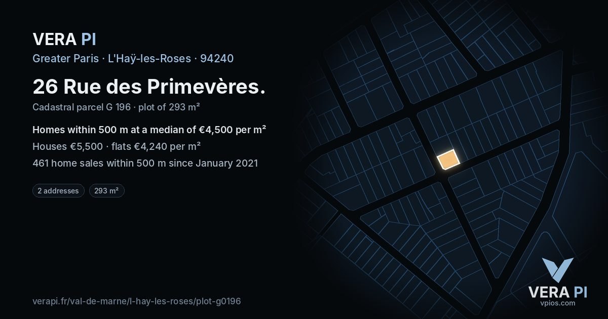 26 Rue des Primevères, L'Haÿ-les-Roses at night – the plot lit, the parcels around coloured by the prices near them
