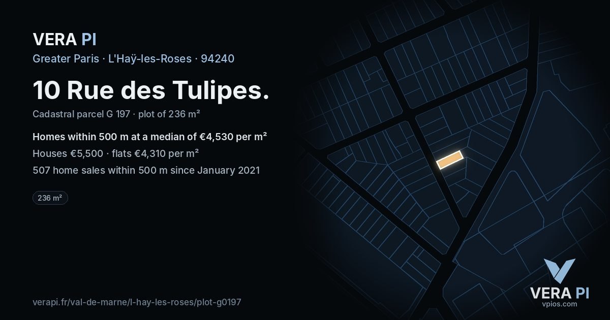 10 Rue des Tulipes, L'Haÿ-les-Roses at night – the plot lit, the parcels around coloured by the prices near them