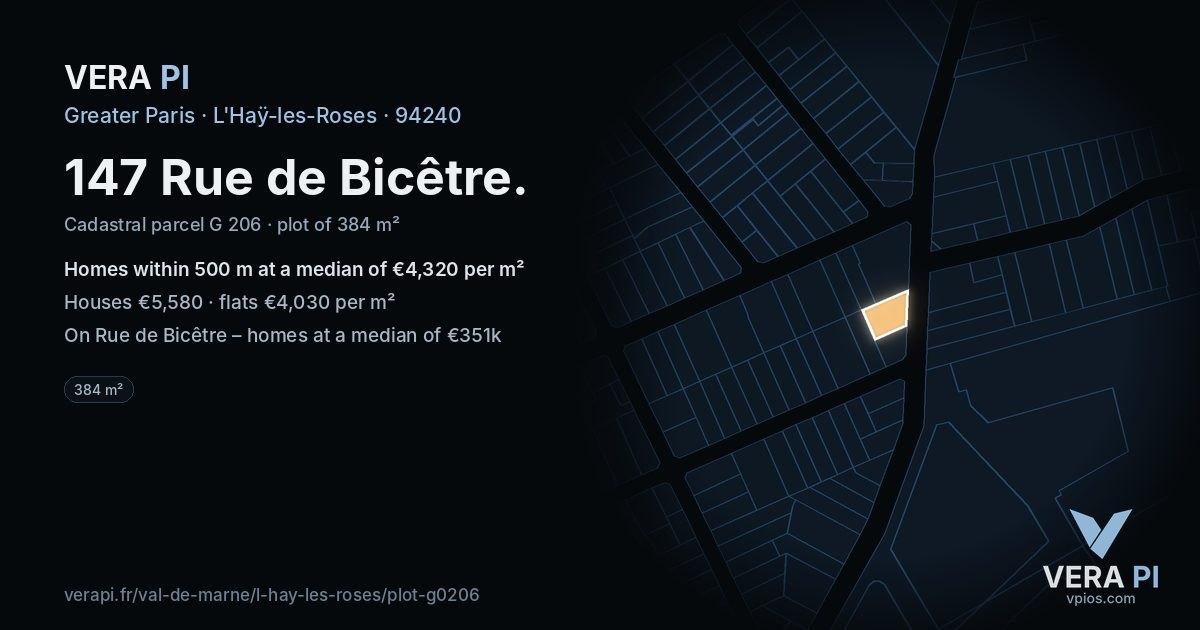 147 Rue de Bicêtre, L'Haÿ-les-Roses at night – the plot lit, the parcels around coloured by the prices near them