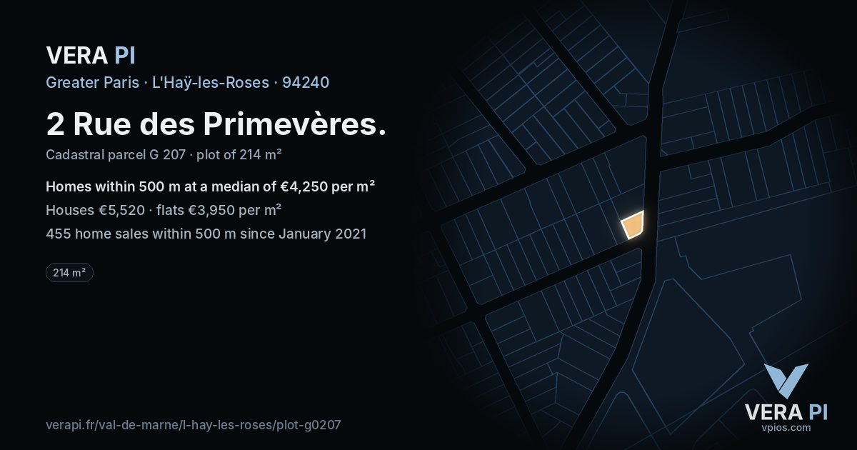 2 Rue des Primevères, L'Haÿ-les-Roses at night – the plot lit, the parcels around coloured by the prices near them
