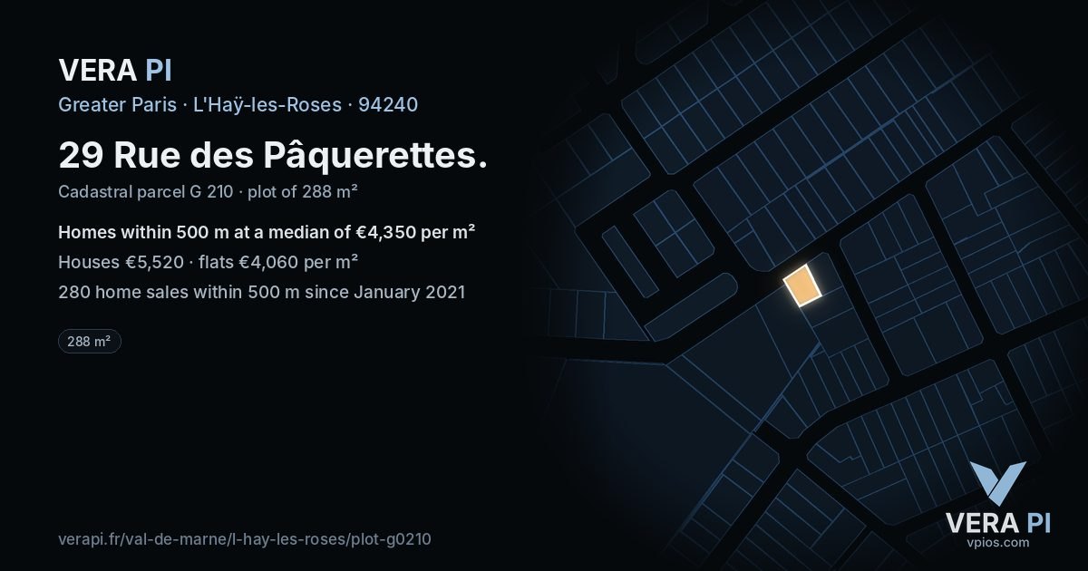 29 Rue des Pâquerettes, L'Haÿ-les-Roses at night – the plot lit, the parcels around coloured by the prices near them