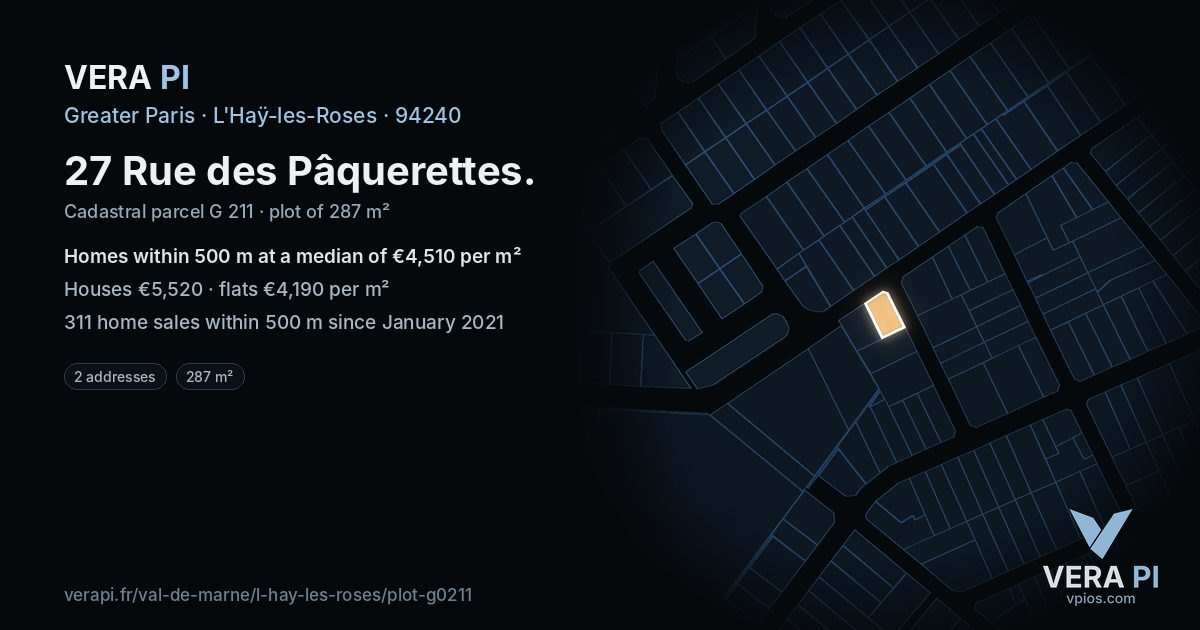 27 Rue des Pâquerettes, L'Haÿ-les-Roses at night – the plot lit, the parcels around coloured by the prices near them