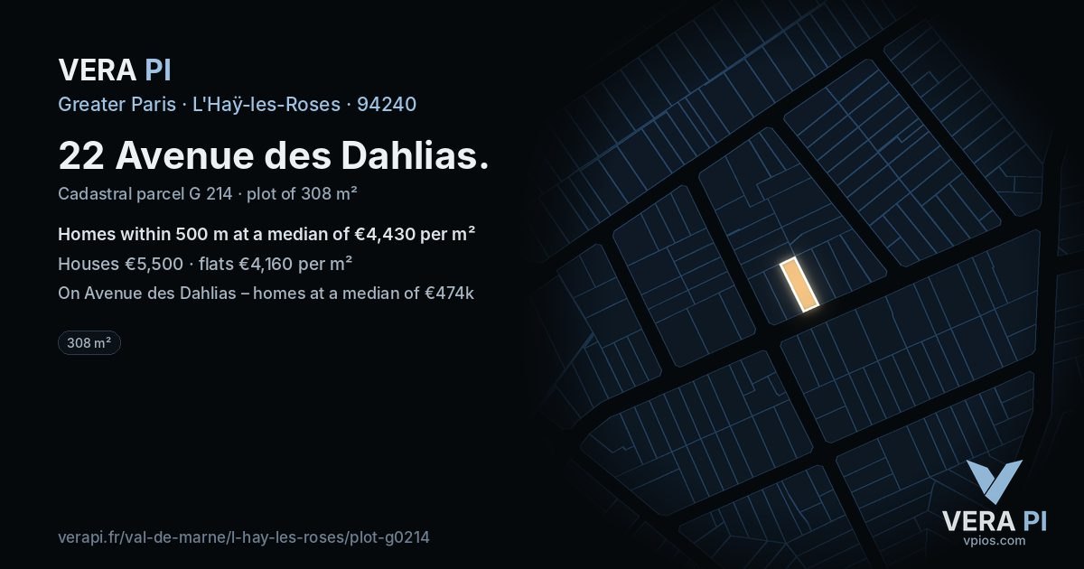 22 Avenue des Dahlias, L'Haÿ-les-Roses at night – the plot lit, the parcels around coloured by the prices near them