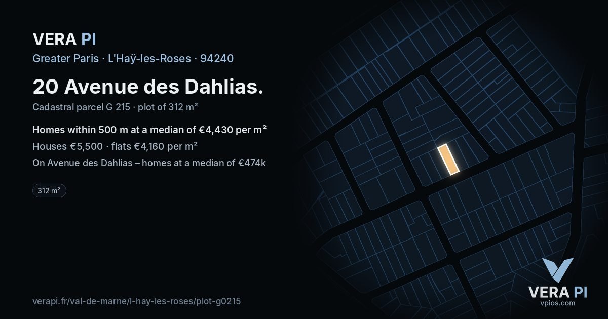 20 Avenue des Dahlias, L'Haÿ-les-Roses at night – the plot lit, the parcels around coloured by the prices near them