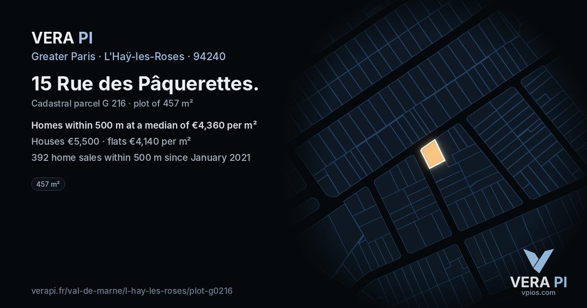 15 Rue des Pâquerettes, L'Haÿ-les-Roses at night – the plot lit, the parcels around coloured by the prices near them
