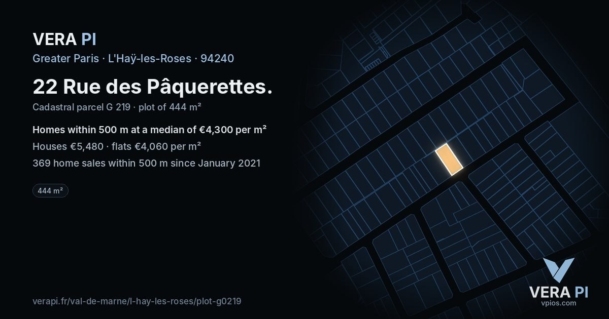 22 Rue des Pâquerettes, L'Haÿ-les-Roses at night – the plot lit, the parcels around coloured by the prices near them