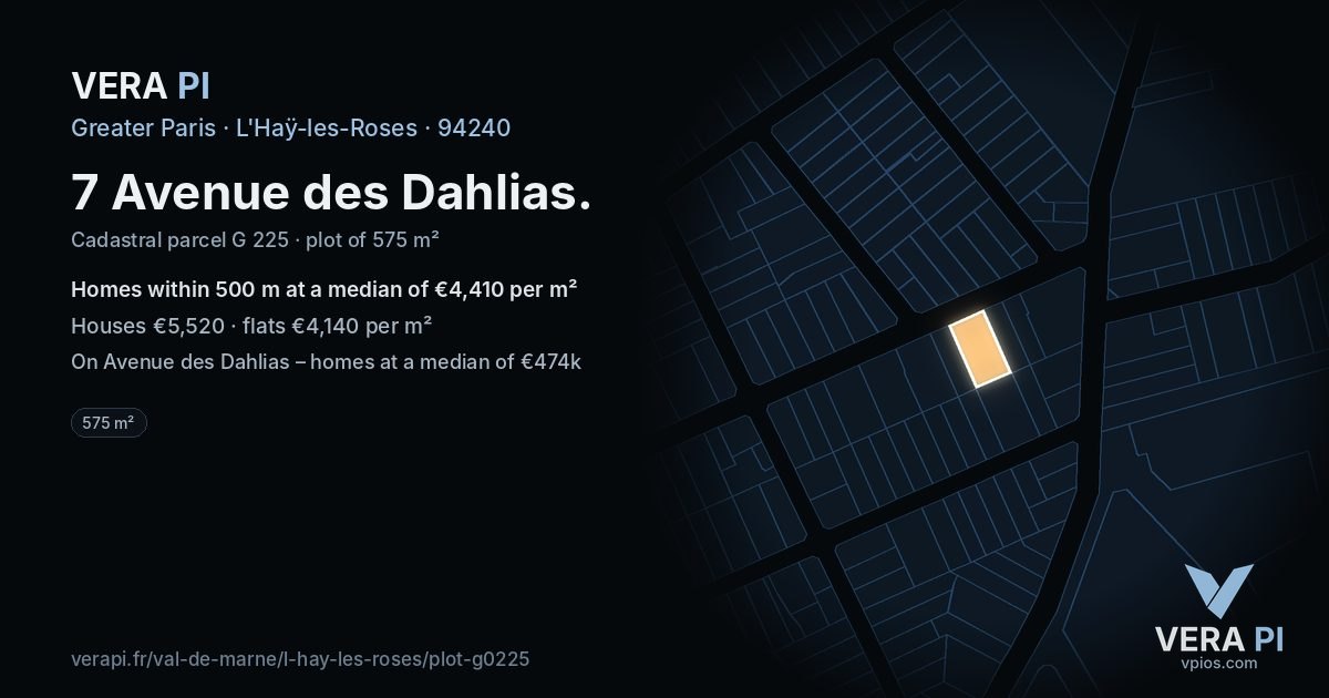 7 Avenue des Dahlias, L'Haÿ-les-Roses at night – the plot lit, the parcels around coloured by the prices near them