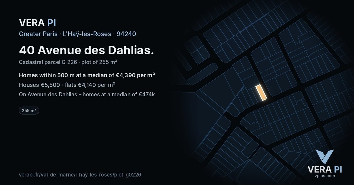 40 Avenue des Dahlias, L'Haÿ-les-Roses at night – the plot lit, the parcels around coloured by the prices near them