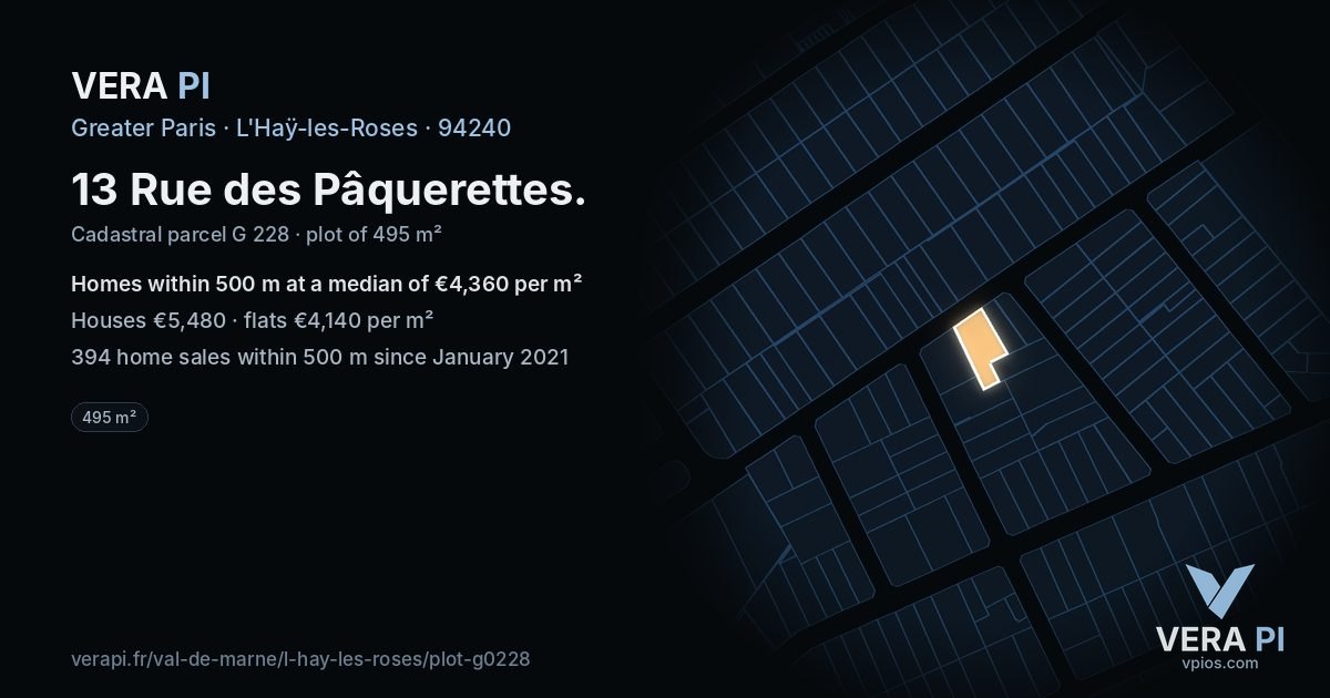13 Rue des Pâquerettes, L'Haÿ-les-Roses at night – the plot lit, the parcels around coloured by the prices near them