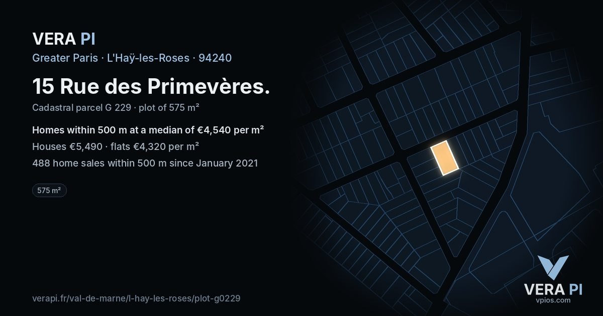 15 Rue des Primevères, L'Haÿ-les-Roses at night – the plot lit, the parcels around coloured by the prices near them