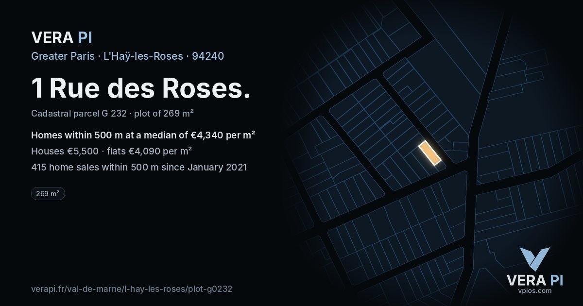1 Rue des Roses, L'Haÿ-les-Roses at night – the plot lit, the parcels around coloured by the prices near them