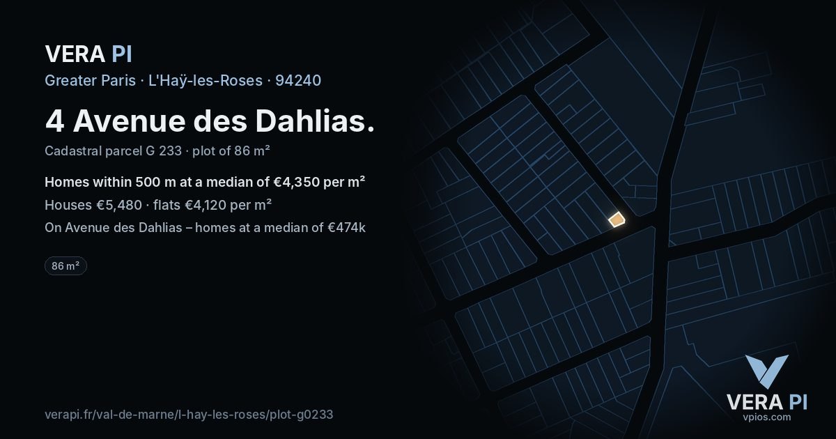 4 Avenue des Dahlias, L'Haÿ-les-Roses at night – the plot lit, the parcels around coloured by the prices near them