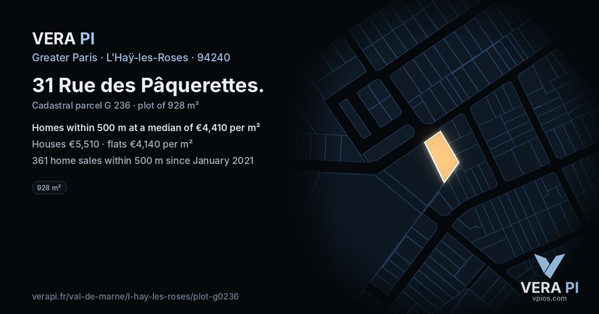 31 Rue des Pâquerettes, L'Haÿ-les-Roses at night – the plot lit, the parcels around coloured by the prices near them