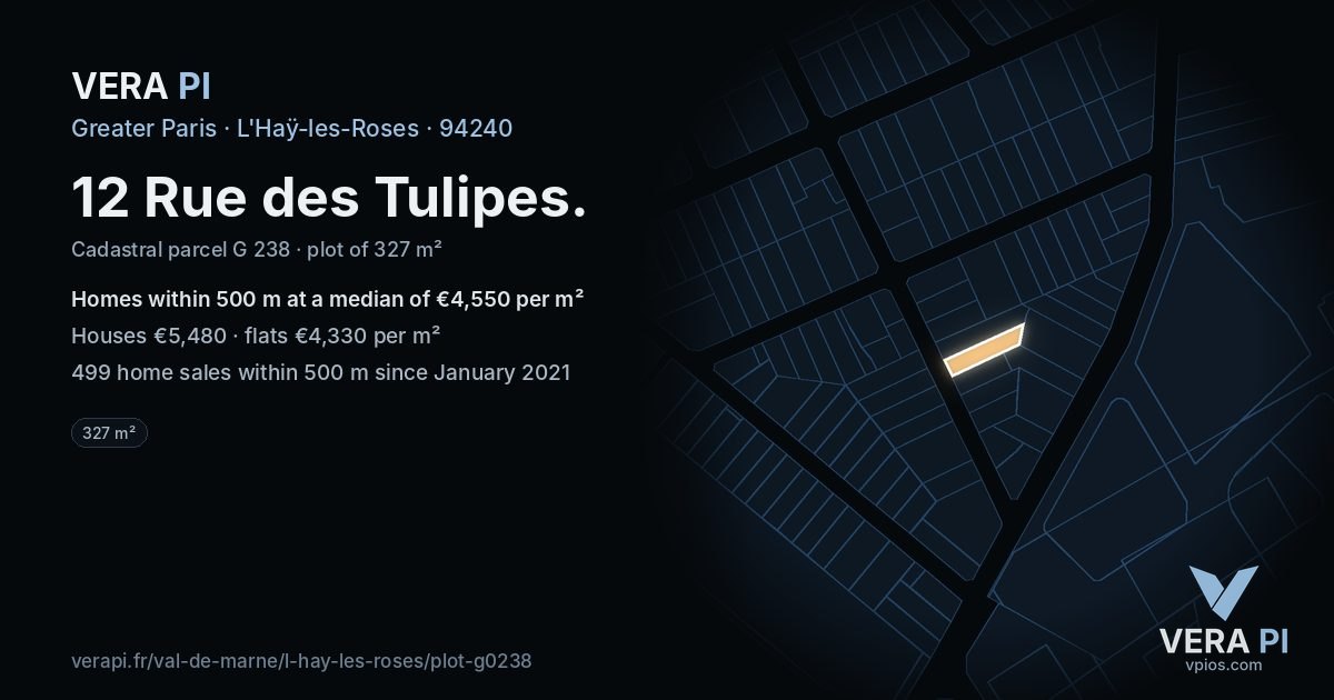 12 Rue des Tulipes, L'Haÿ-les-Roses at night – the plot lit, the parcels around coloured by the prices near them