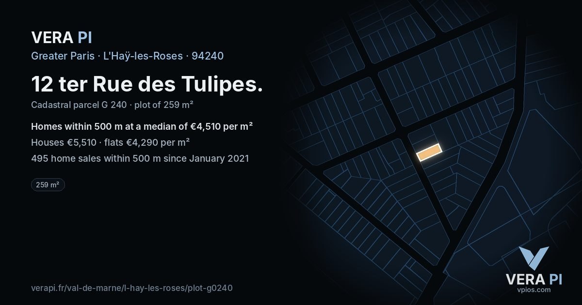12 ter Rue des Tulipes, L'Haÿ-les-Roses at night – the plot lit, the parcels around coloured by the prices near them