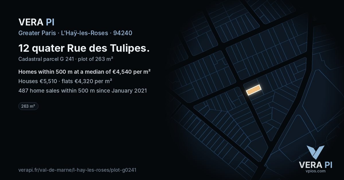 12 quater Rue des Tulipes, L'Haÿ-les-Roses at night – the plot lit, the parcels around coloured by the prices near them