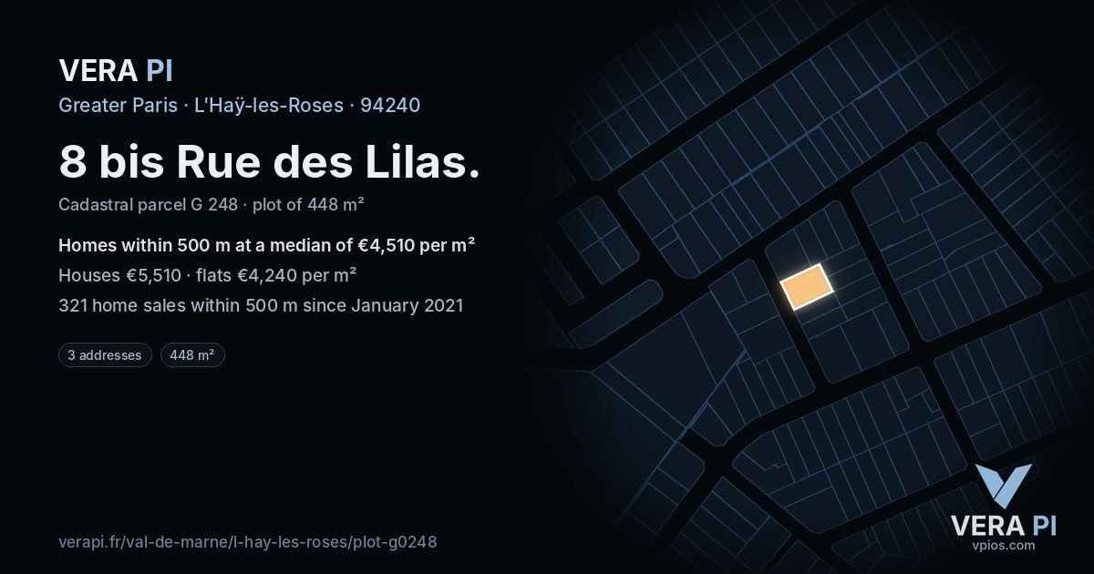 8 bis Rue des Lilas, L'Haÿ-les-Roses at night – the plot lit, the parcels around coloured by the prices near them