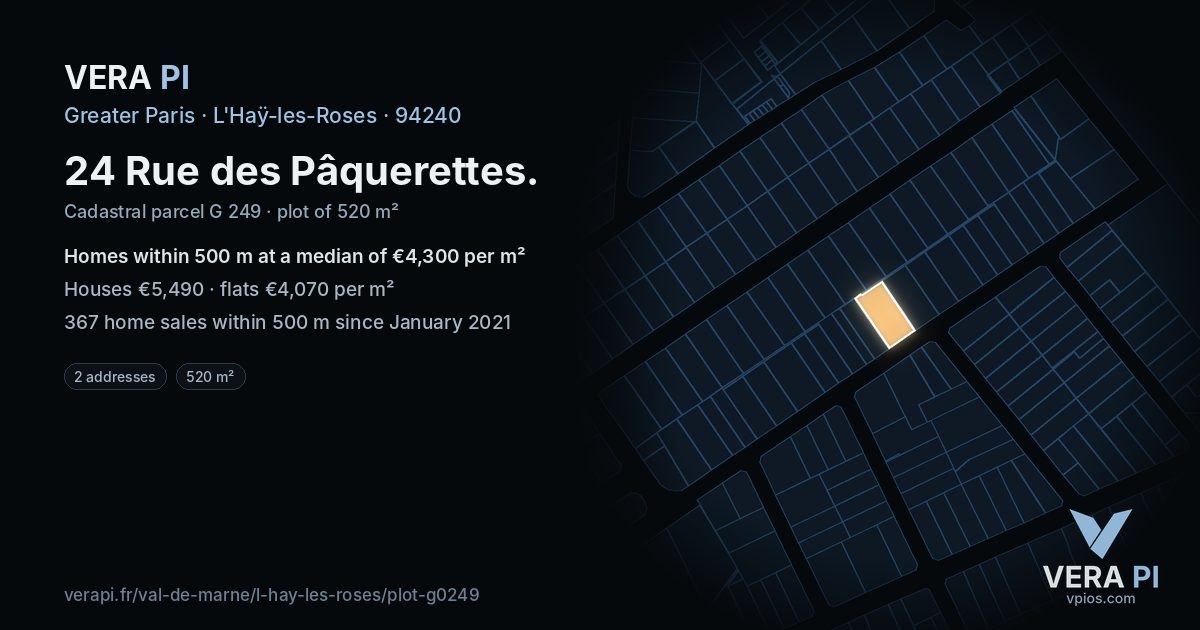 24 Rue des Pâquerettes, L'Haÿ-les-Roses at night – the plot lit, the parcels around coloured by the prices near them